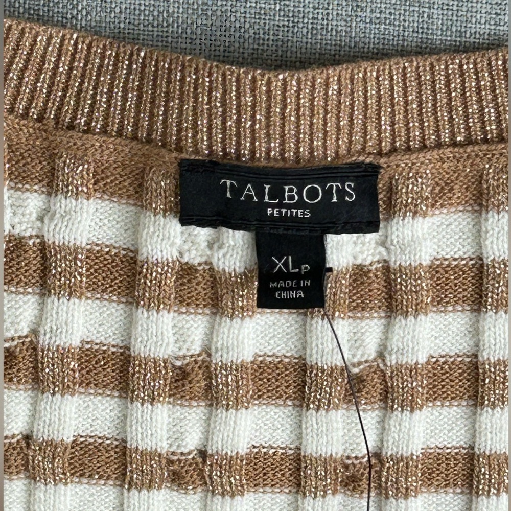 NWT Talbots Gold Metallic Cream Striped Ribbed Crewneck Sweater Holiday Size XL - Picture 11 of 15